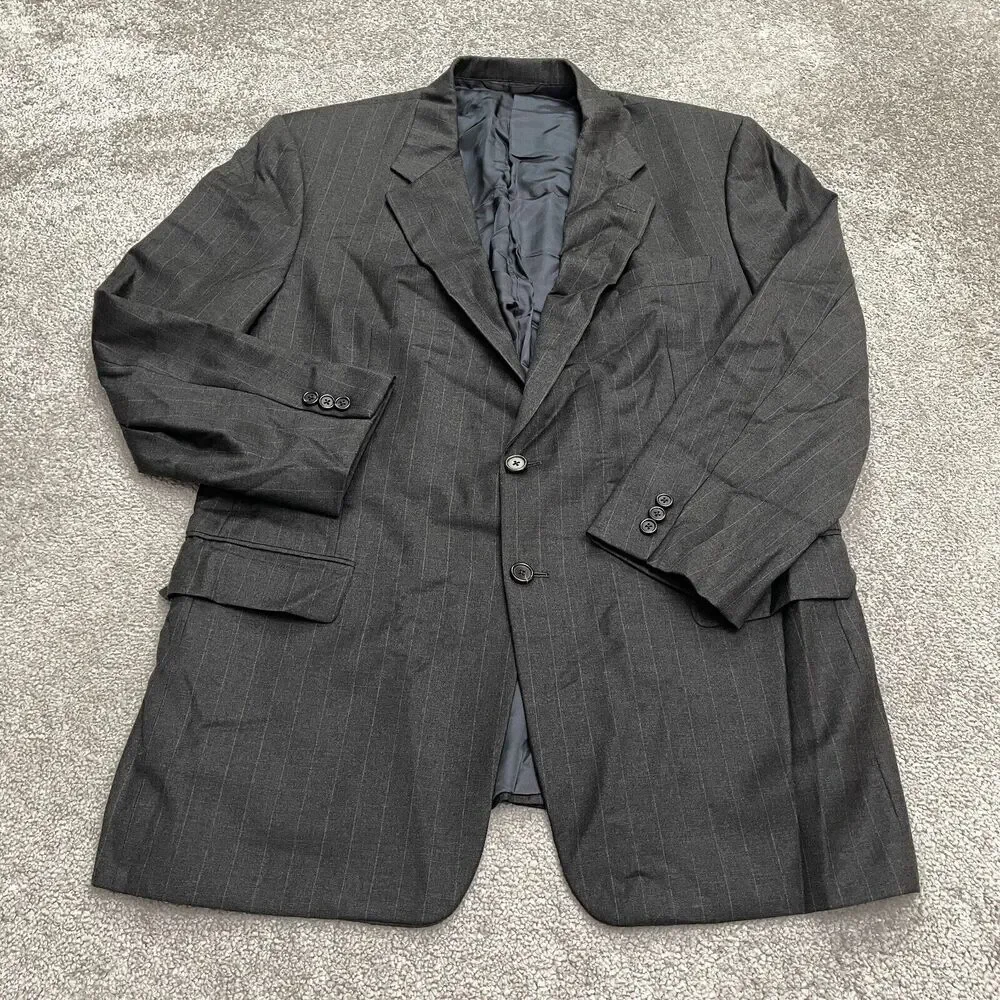 Hickey Freeman Board Room Wool Suit Blazer Jacket Mens 43 Dark Gray Striped Work